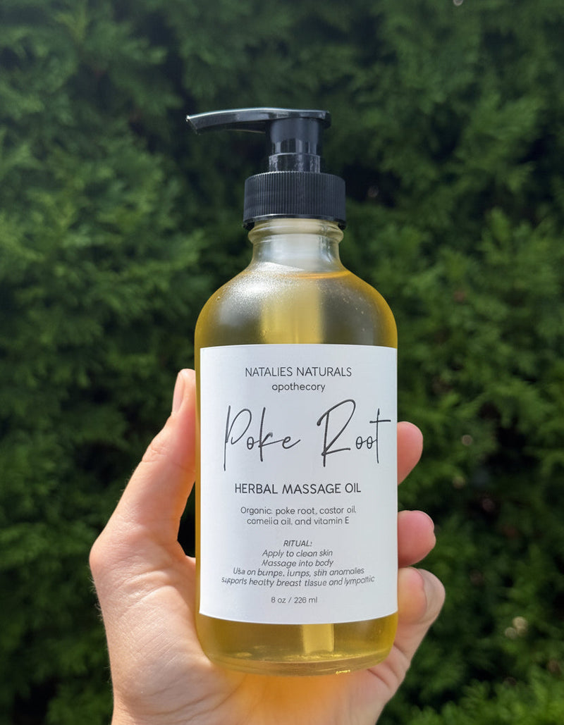 Poke Root Oil with castor oil, calendula, jojoba oil, and vitamin E by Natalie’s Naturals Apothecary