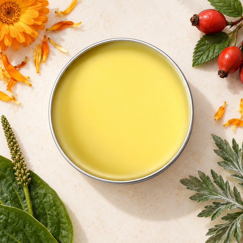 herbal relief salve for sore, stiff, achy areas made with cbd, calendula ,comfrey, and rosehips